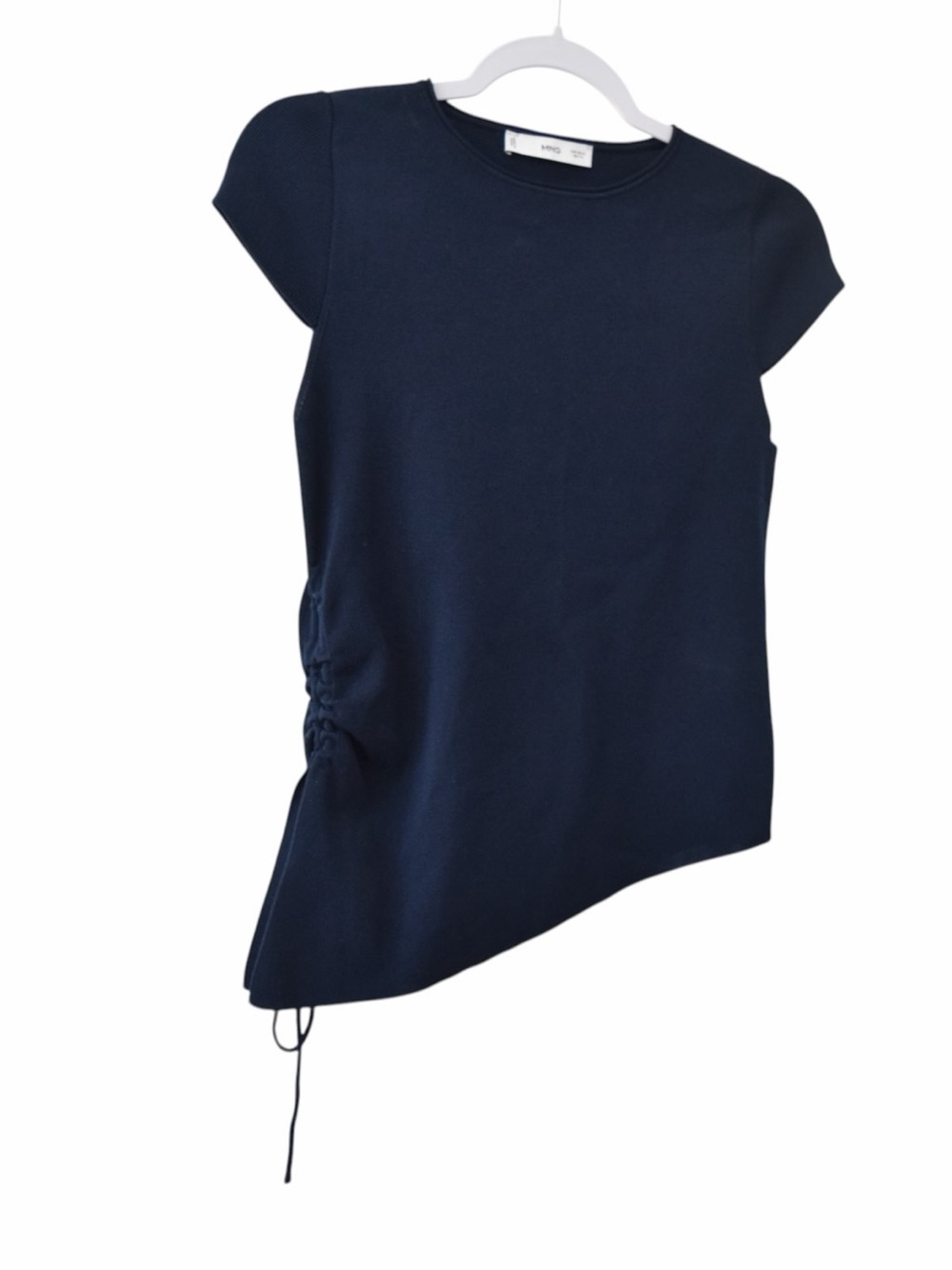 Mango Medium Navy Asymmetric Side-Ruched Cap-Sleeve Top